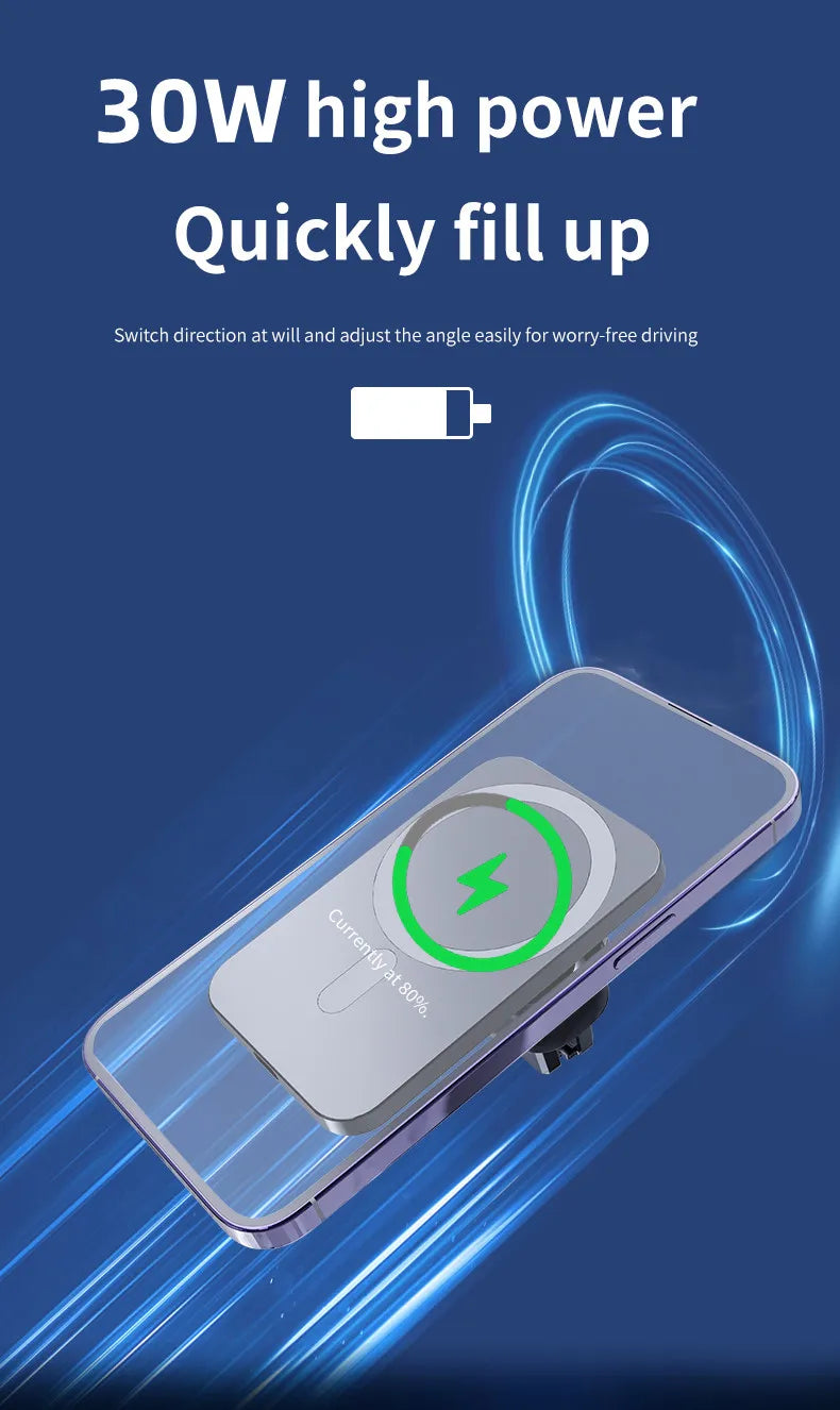 30W Magnetic Wireless Car Charger for iPhone 15/14/13/12 Series | MagSafe Fast Charging Phone Holder Mount