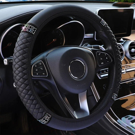 Diamond-Studded Leather Steering Wheel Cover 38cm