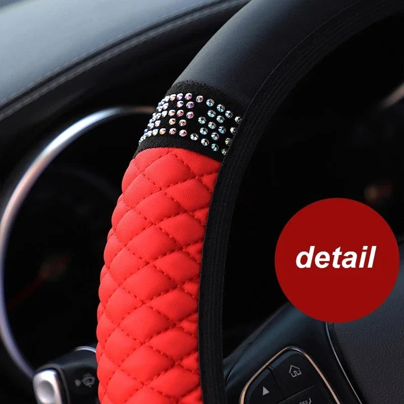 Diamond-Studded Leather Steering Wheel Cover 38cm