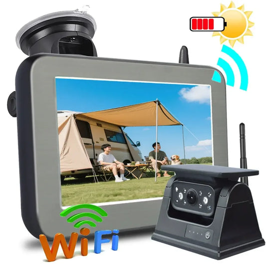 Solar Wireless Backup Camera with 5" AHD Monitor for RV, Truck, Trailer, Camper – WiFi & Magnetic Mount