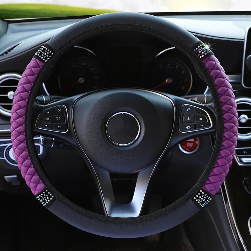 Diamond-Studded Leather Steering Wheel Cover 38cm