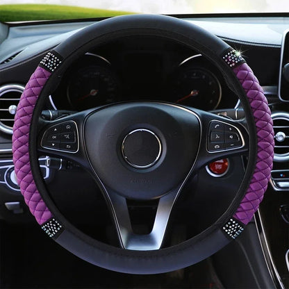 Diamond-Studded Leather Steering Wheel Cover 38cm