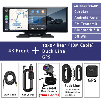 10.26" 4K Dual Lens Dash Cam with CarPlay, Android Auto, GPS, 5G WiFi & FM