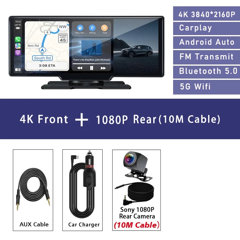 10.26" 4K Dual Lens Dash Cam with CarPlay, Android Auto, GPS, 5G WiFi & FM