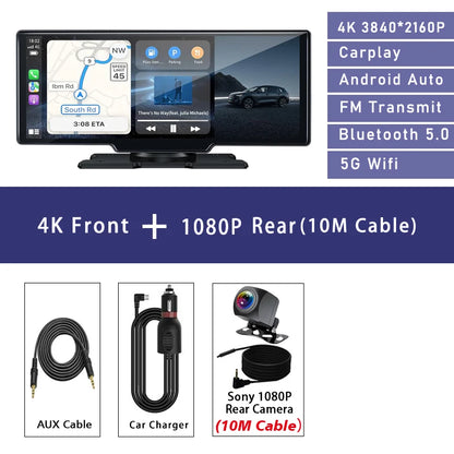 10.26" 4K Dual Lens Dash Cam with CarPlay, Android Auto, GPS, 5G WiFi & FM