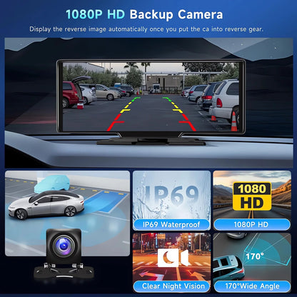 10.26" 4K Dual Lens Dash Cam with CarPlay, Android Auto, GPS, 5G WiFi & FM
