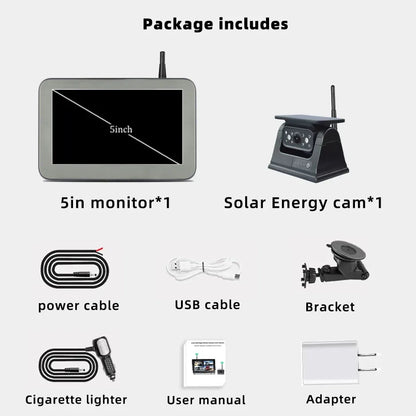 Solar Wireless Backup Camera with 5" AHD Monitor for RV, Truck, Trailer, Camper – WiFi & Magnetic Mount