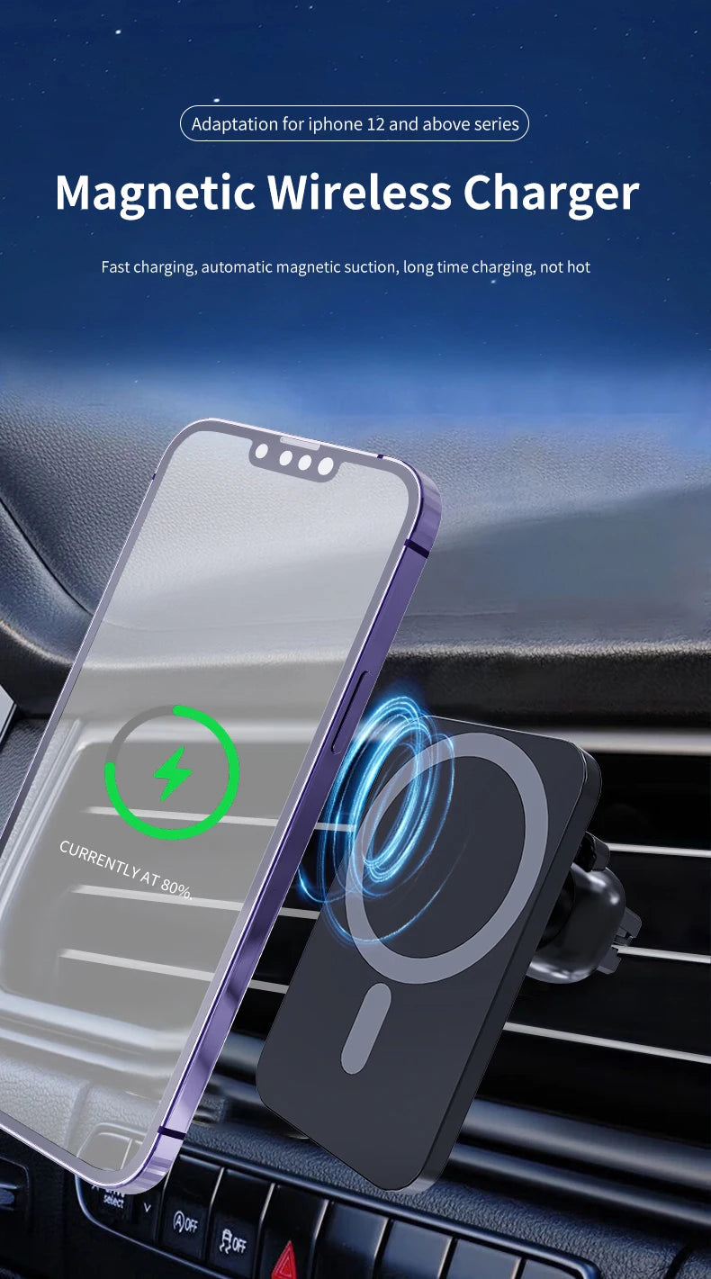 30W Magnetic Wireless Car Charger for iPhone 15/14/13/12 Series | MagSafe Fast Charging Phone Holder Mount