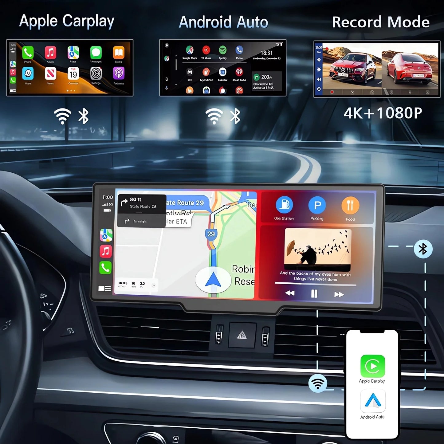 10.26" 4K Dual Lens Dash Cam with CarPlay, Android Auto, GPS, 5G WiFi & FM