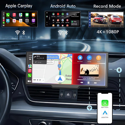 10.26" 4K Dual Lens Dash Cam with CarPlay, Android Auto, GPS, 5G WiFi & FM