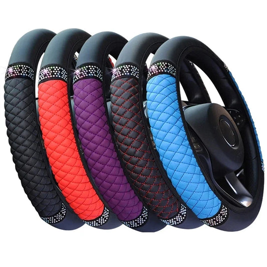 Diamond-Studded Leather Steering Wheel Cover 38cm