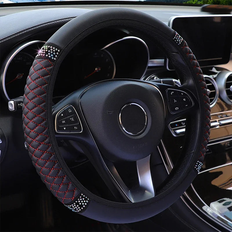 Diamond-Studded Leather Steering Wheel Cover 38cm