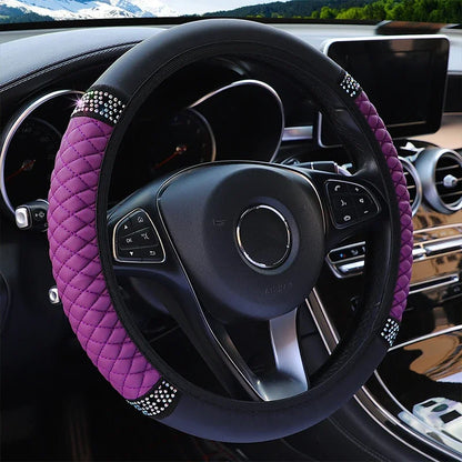 Diamond-Studded Leather Steering Wheel Cover 38cm