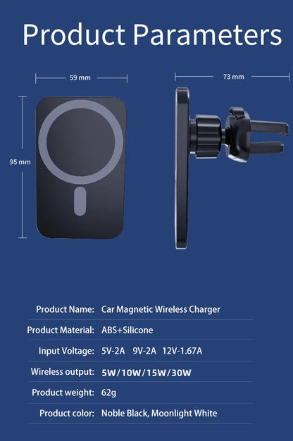 30W Magnetic Wireless Car Charger for iPhone 15/14/13/12 Series | MagSafe Fast Charging Phone Holder Mount
