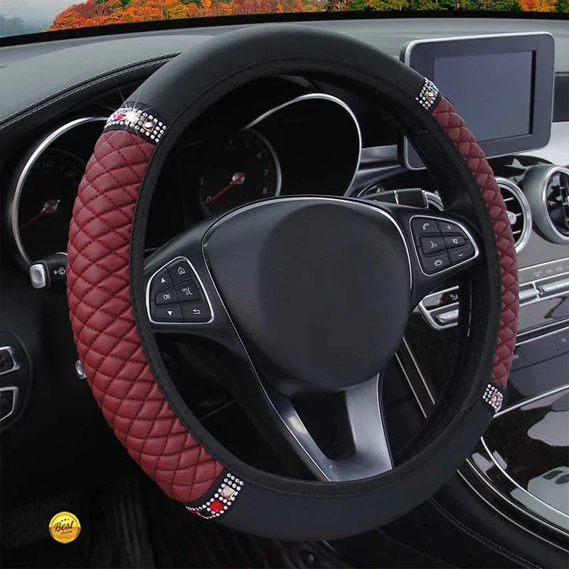 Diamond-Studded Leather Steering Wheel Cover 38cm