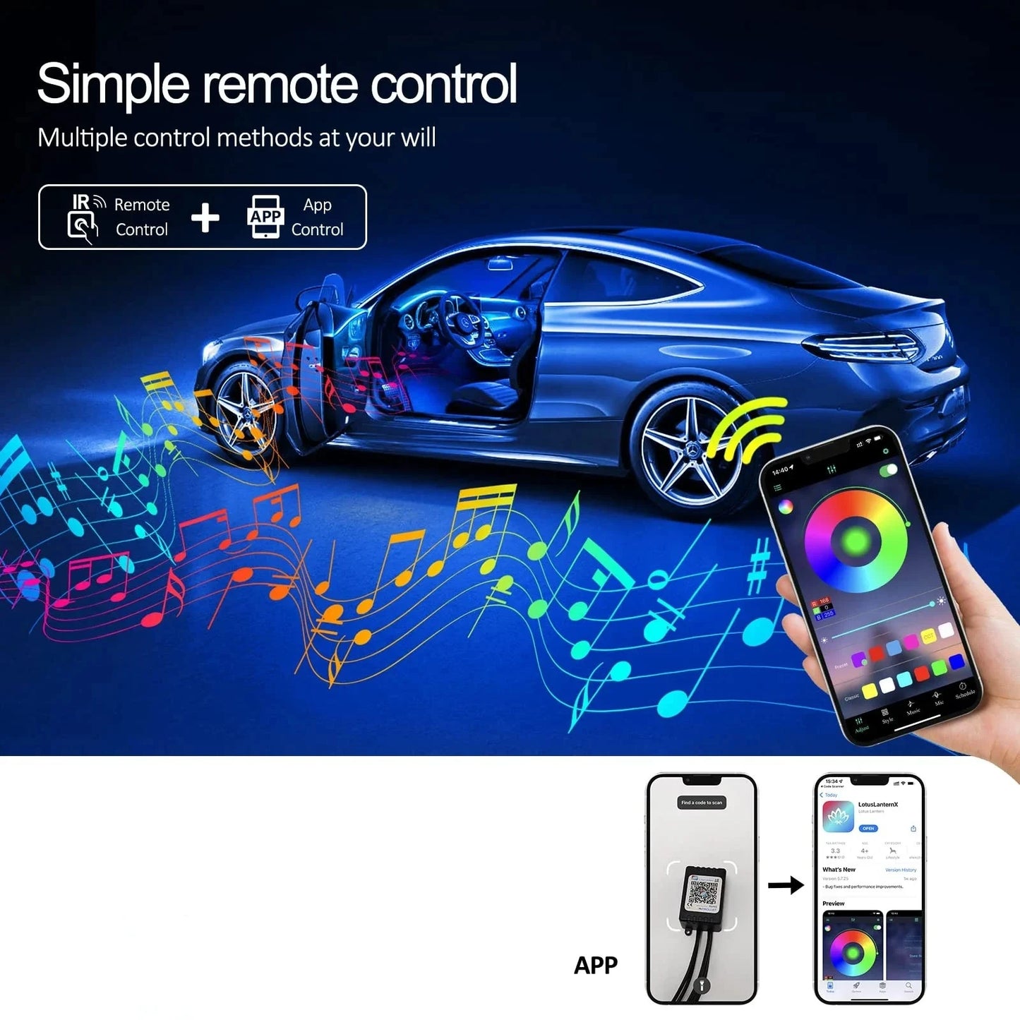 RGB LED Car Interior Ambient Lights with App & Remote