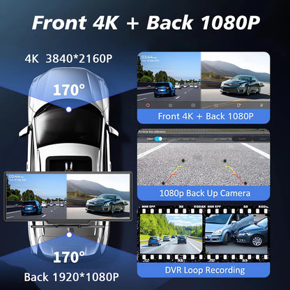 10.26" 4K Dual Lens Dash Cam with CarPlay, Android Auto, GPS, 5G WiFi & FM