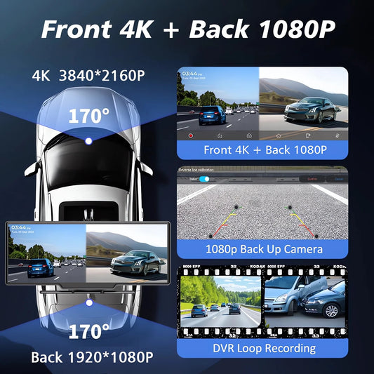 10.26" 4K Dual Lens Dash Cam with CarPlay, Android Auto, GPS, 5G WiFi & FM