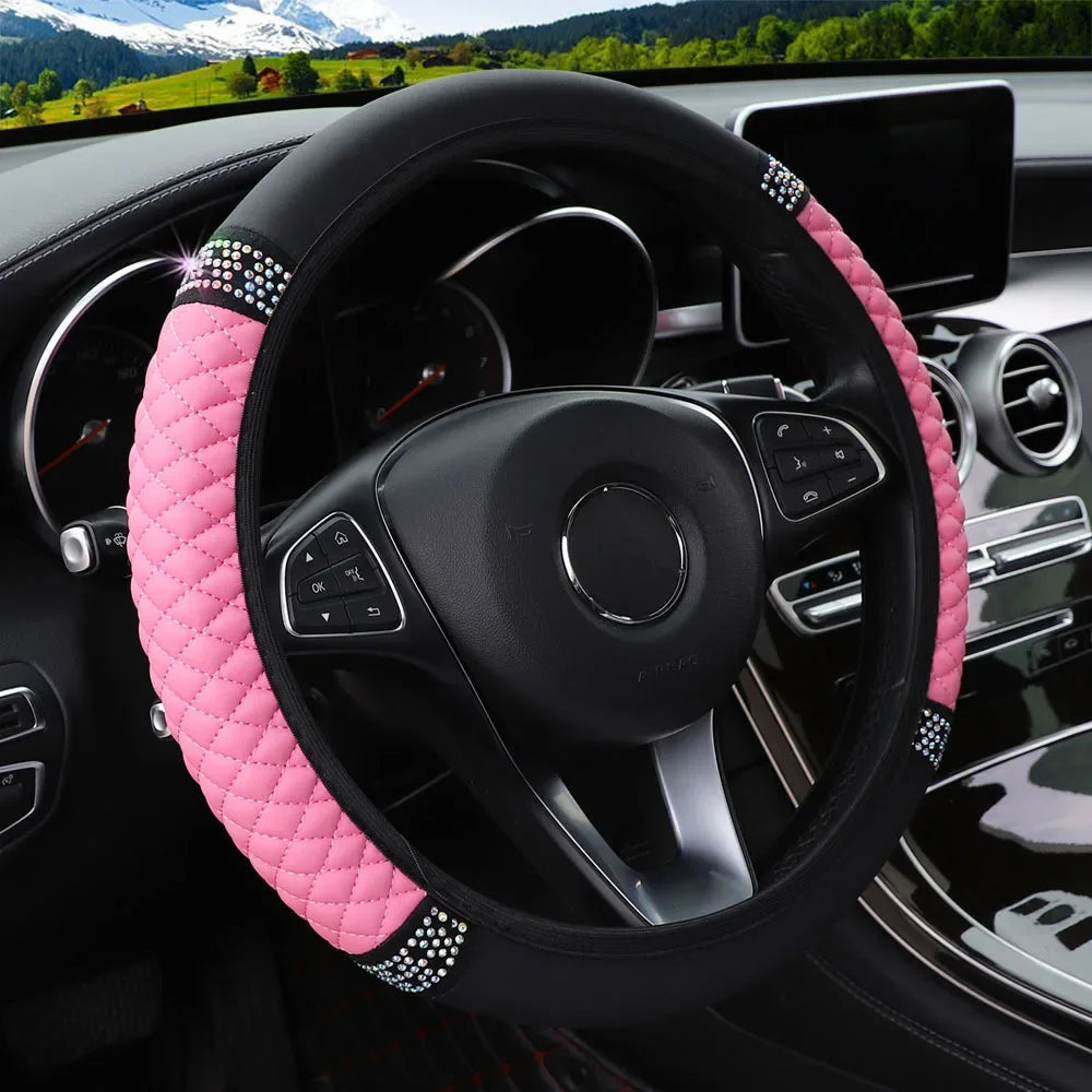 Diamond-Studded Leather Steering Wheel Cover 38cm