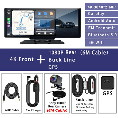 10.26" 4K Dual Lens Dash Cam with CarPlay, Android Auto, GPS, 5G WiFi & FM