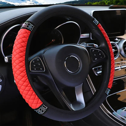 Diamond-Studded Leather Steering Wheel Cover 38cm