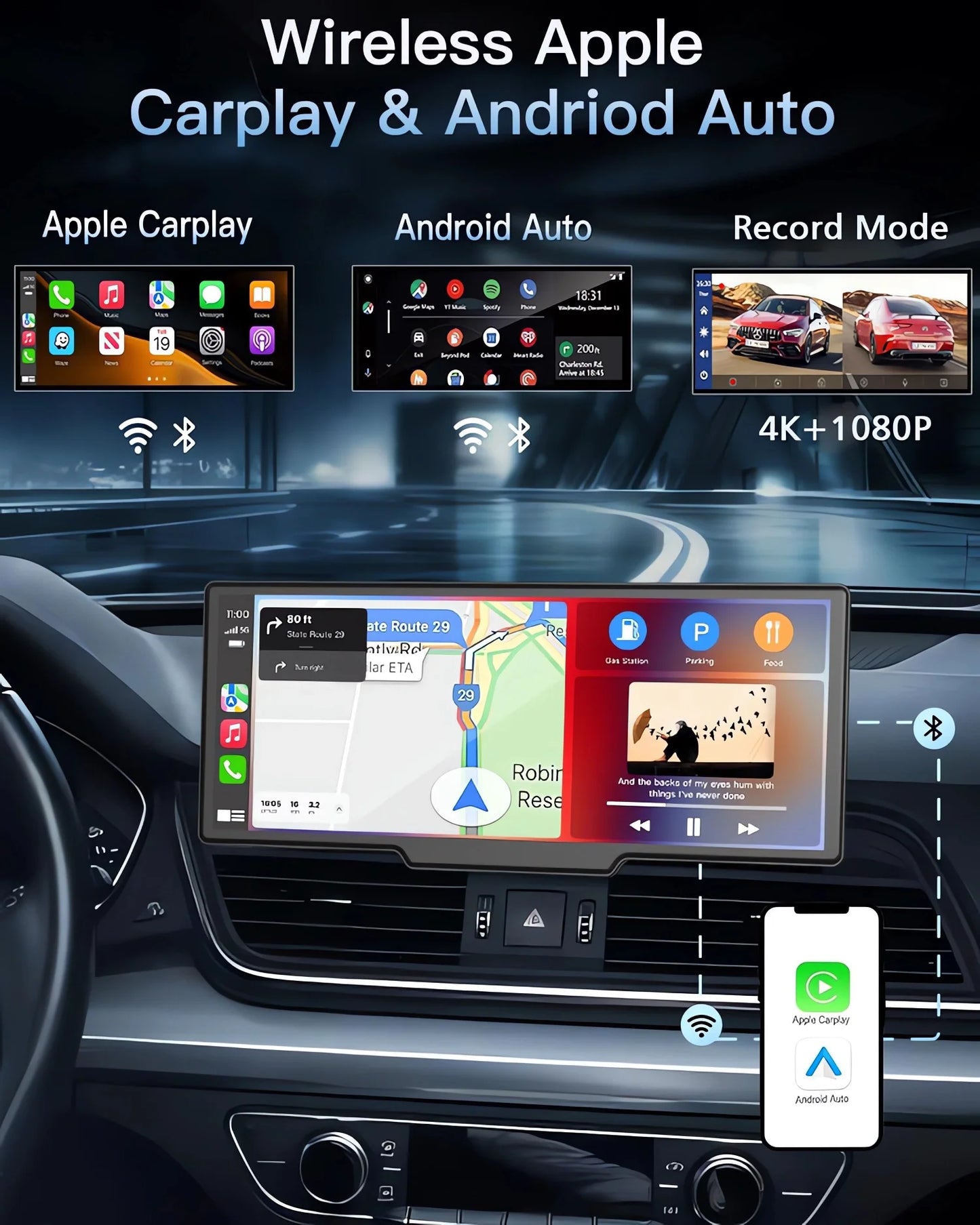 10.26" 4K Dual Lens Dash Cam with CarPlay, Android Auto, GPS, 5G WiFi & FM