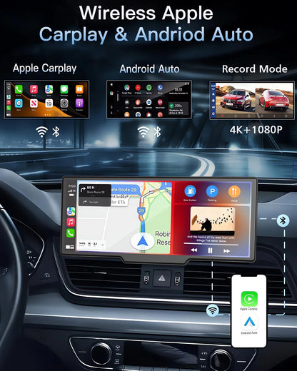 10.26" 4K Dual Lens Dash Cam with CarPlay, Android Auto, GPS, 5G WiFi & FM