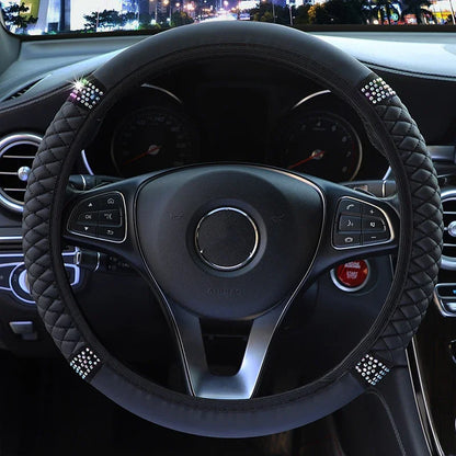 Diamond-Studded Leather Steering Wheel Cover 38cm