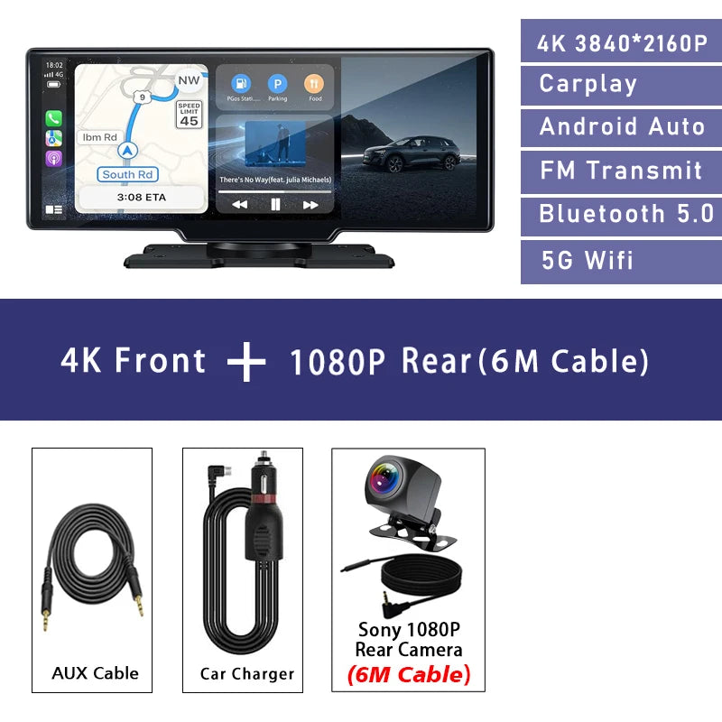 10.26" 4K Dual Lens Dash Cam with CarPlay, Android Auto, GPS, 5G WiFi & FM