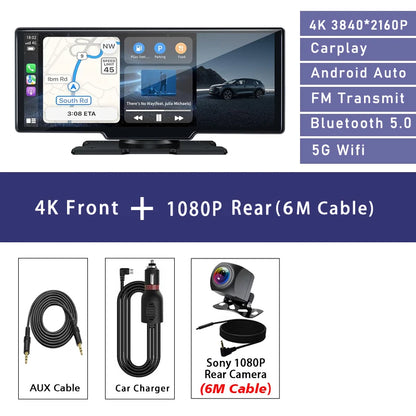 10.26" 4K Dual Lens Dash Cam with CarPlay, Android Auto, GPS, 5G WiFi & FM