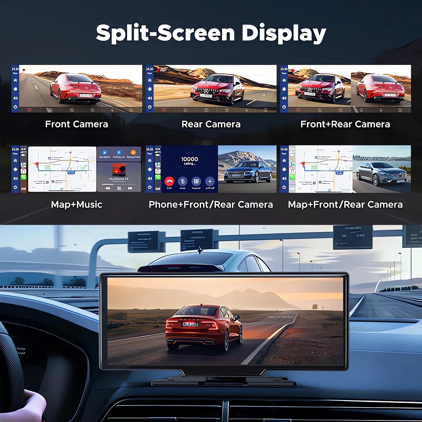 10.26" 4K Dual Lens Dash Cam with CarPlay, Android Auto, GPS, 5G WiFi & FM