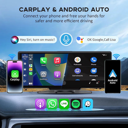 10.26" 4K Dual Lens Dash Cam with CarPlay, Android Auto, GPS, 5G WiFi & FM