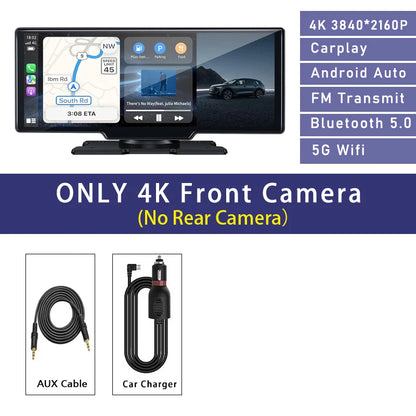 10.26" 4K Dual Lens Dash Cam with CarPlay, Android Auto, GPS, 5G WiFi & FM